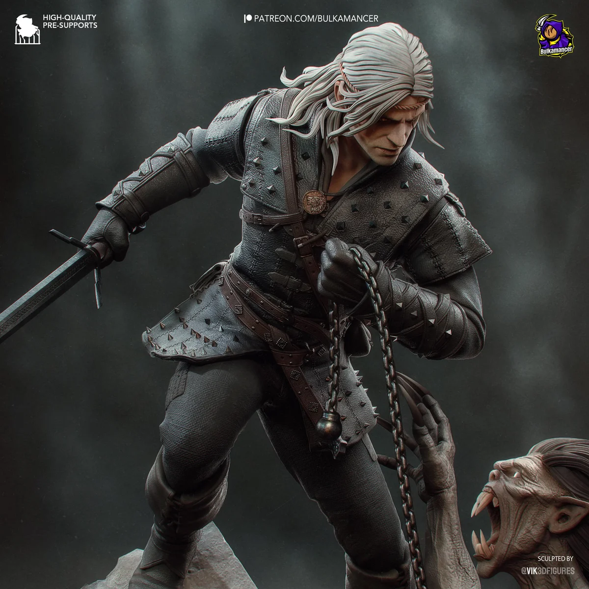 Geralt of Rivia White Wolf Monster Hunter Witcher - The Witcher Unpainted Resin Figurine Kit - 1/8 Scale 251mm 9.9in - 3D Printed Statue — 5/10