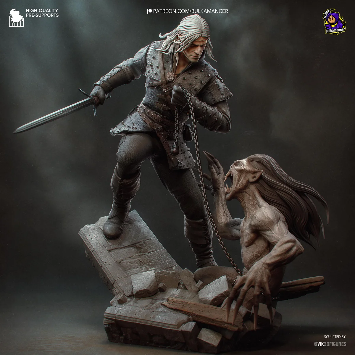 Geralt of Rivia White Wolf Monster Hunter Witcher - The Witcher Unpainted Resin Figurine Kit - 1/8 Scale 251mm 9.9in - 3D Printed Statue — 1/10