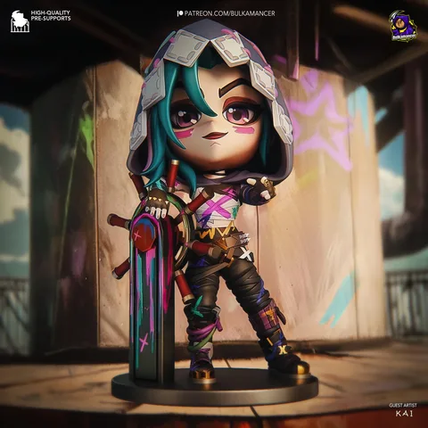 Jinx Chibi Zaun Anarchist Mini - Arcane League of Legends Unpainted Resin Chibi Figurine - 1/8 Scale 97mm 3.8in - 3D Printed Mini Statue