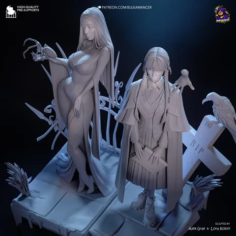 Wednesday and Morticia Addams Gothic Diorama - The Addams Family Netflix Unpainted Resin Diorama Kit - 1/8 Scale 280mm 11.0in - Statue
